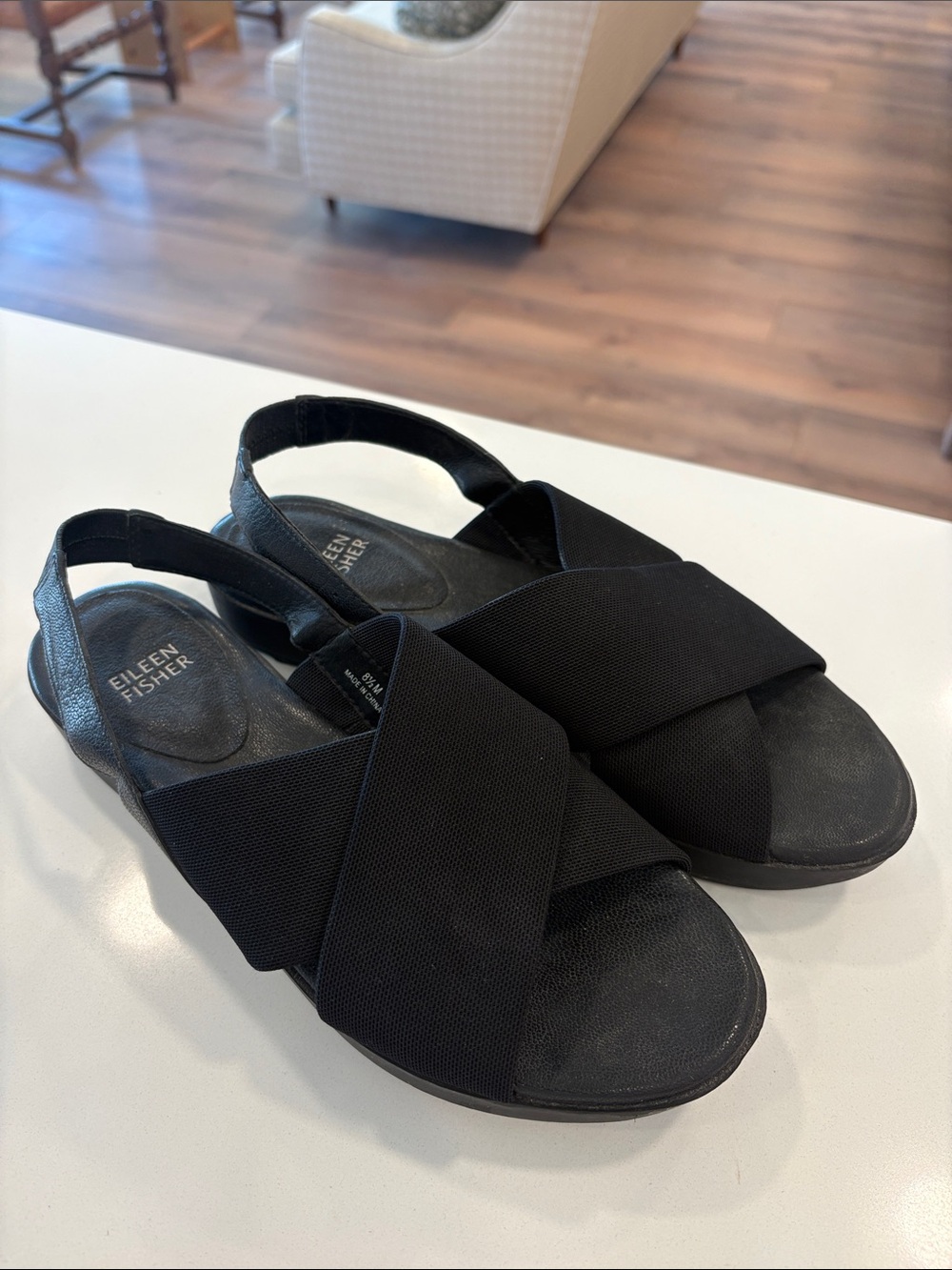 Eileen Fisher Leather & Elastic Slingback Sandals Sz 8.5